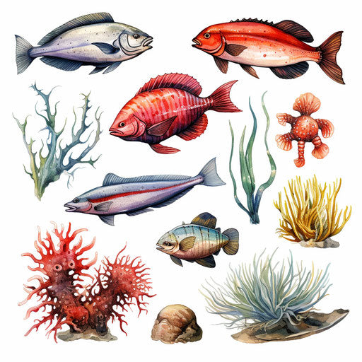 Underwater creatures clipart in Chiaroscuro Art style, on white background