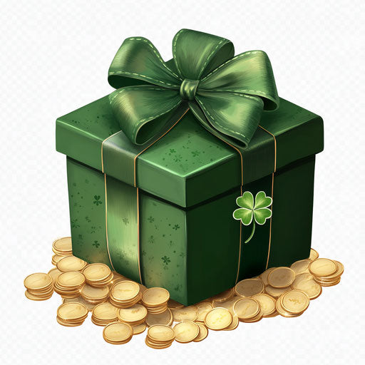 St. Patrick's Day, green gift box with ribbon and gold coins