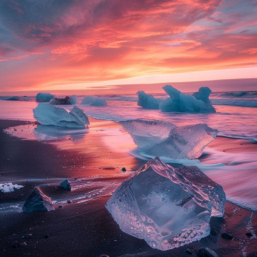 Icebergs on Diamond Beach, Iceland with vibrant sunrise colors