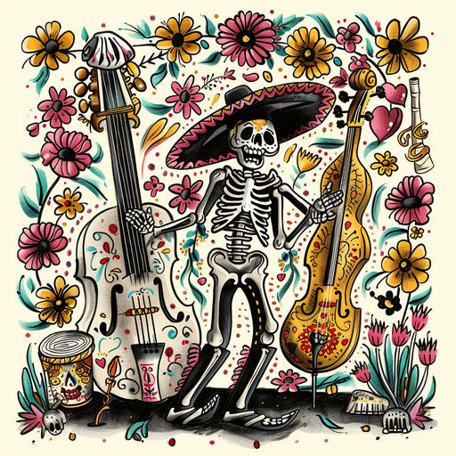 Vibrant flat tattoo sketch of a Calavera at a Dia de los Muertos parade with musical instruments
