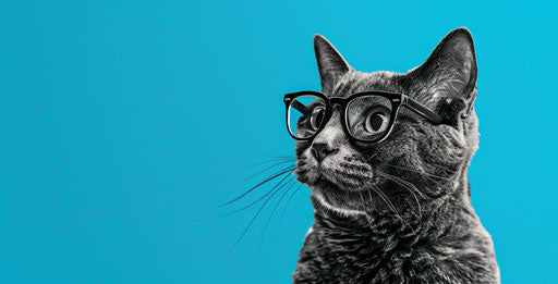 Gray cat in glasses on blue background, post-'70s ego style