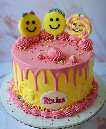Pink and yellow cake with smiley faces and text "Rtx.ins"