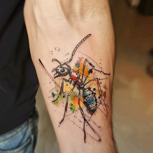 Artistic flat tattoo sketch of an ant composed of watercolor splashes