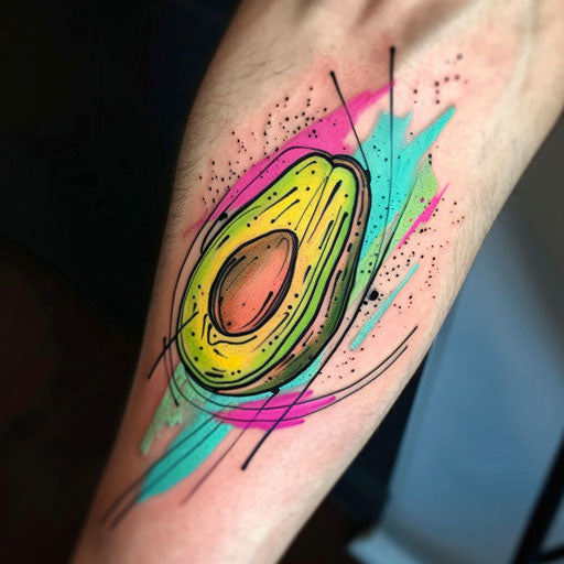 Elegant sketch of a sliced avocado with neon pink and turquoise accents