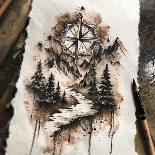 Rustic tattoo sketch of the North Star with mountain and forest