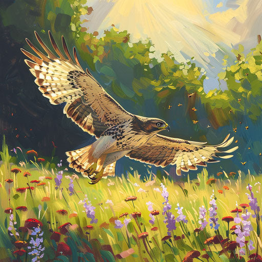 Gliding gracefully over a blooming wildflower meadow in the early morning sun