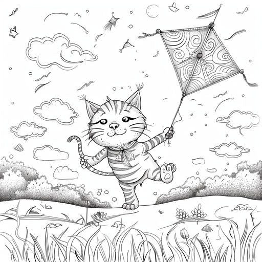 Whimsical cartoon cat flying a kite on windy day