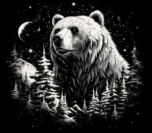 Bear tree forest tattoo, cosmic landscape style