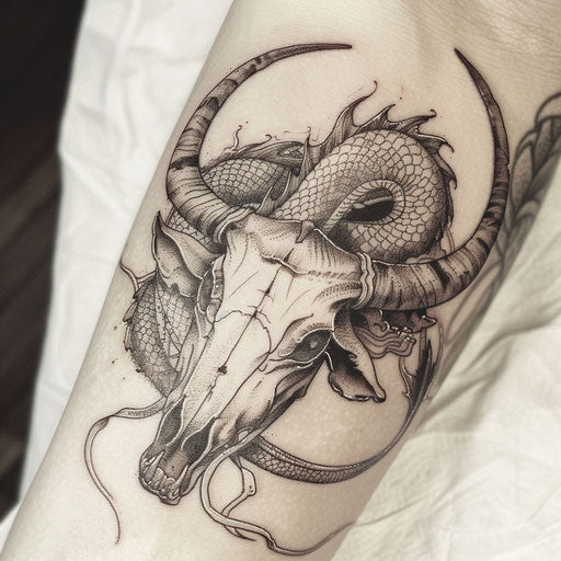 Bull skull tattoo intertwined with a dragon on white background