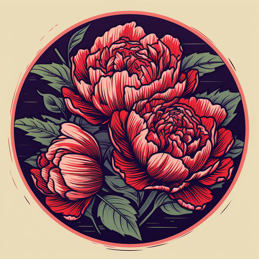 The picture of peony and peony leaves in woodcut style