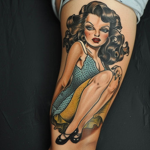 Forearm tattoos for women in the style of Ed Hardy with classic pin-up girl
