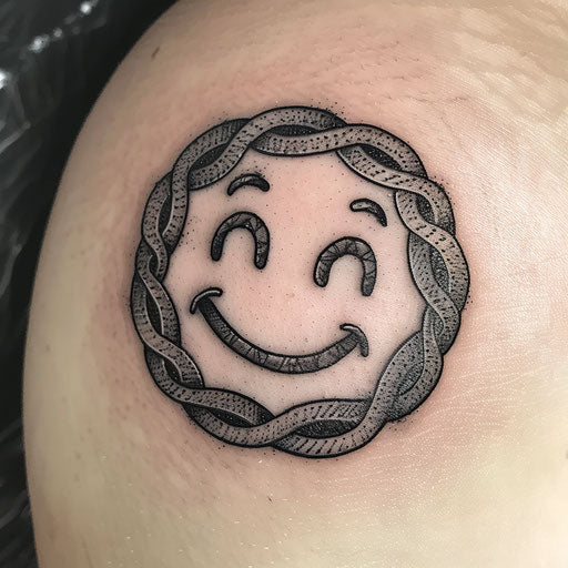 Celtic knot style smiley face tattoo, interlocking patterns, on white field