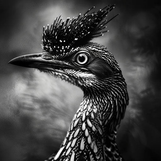 Roadrunner bird on road in black and white with striking contrasts