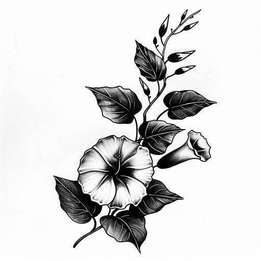 High-contrast tattoo sketch of morning glory on bright white background
