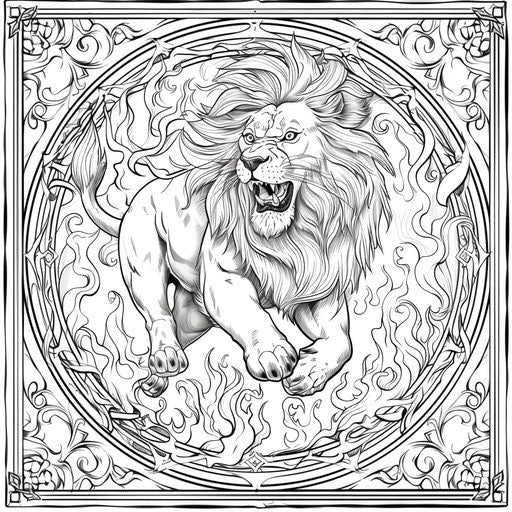 A circus lion jumping through a fiery hoop