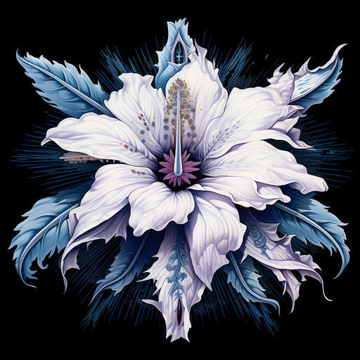 White flower with white feathers, tattoo style, chicano art