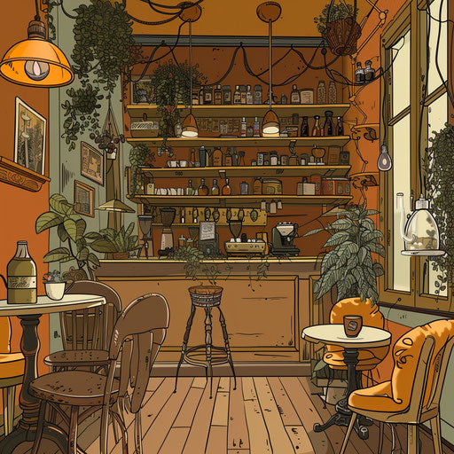 Intricate sketch of a coffee shop interior, flat style with detailed furnishings in warm colors