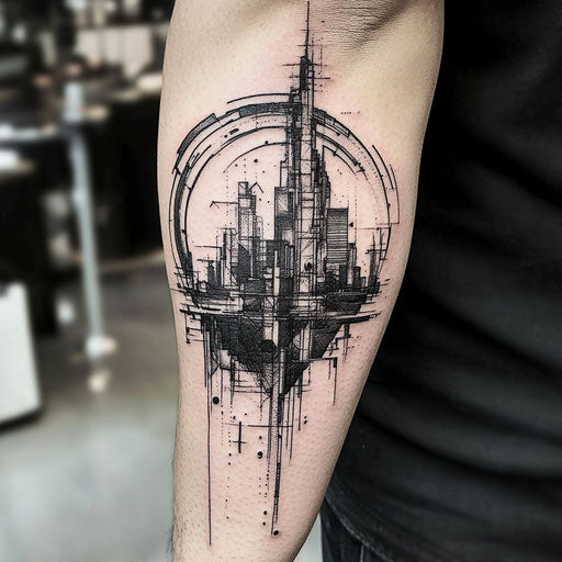 Stylized tattoo sketch for forearm: futuristic gray cityscape