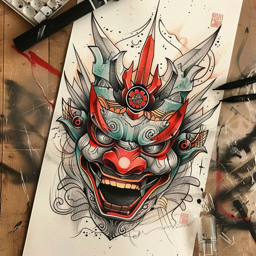 Stylish flat tattoo sketch of a Hannya mask with Art Deco embellishments