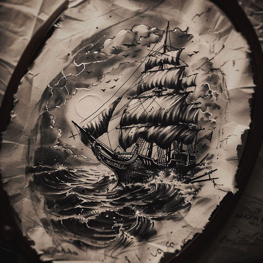 Dramatic tattoo sketch of a pirate ship in stormy sea