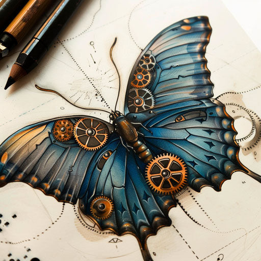 Blue butterfly with steampunk gears and copper tones