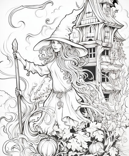 A witch and broom coloring page, mesmerizing colorscapes style