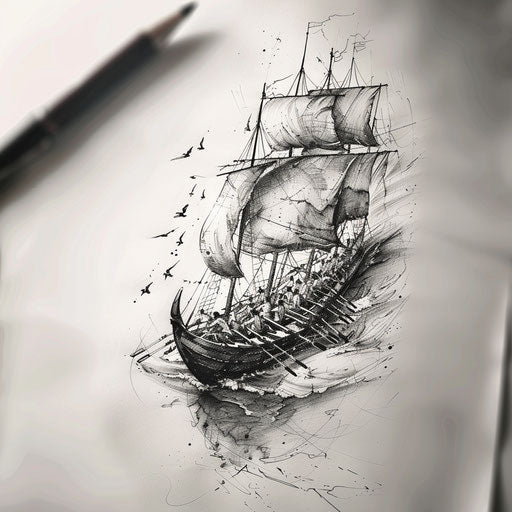 Sophisticated sketch of an ancient galley with rowers