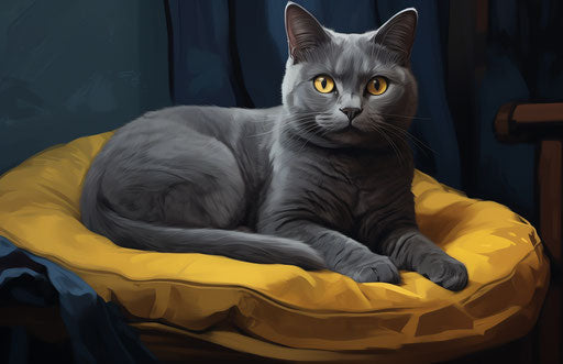 Grey cat on padded cat bed, dark azure and yellow style