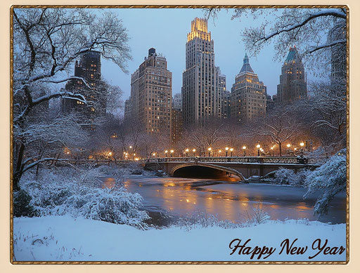 Winter cityscape of New York with snow and warm lights