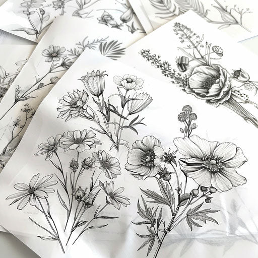 Wildflower tattoos in dotwork style on white backdrop