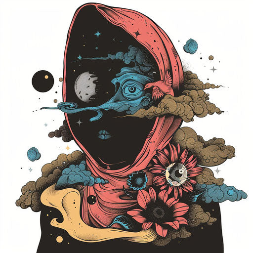 Surreal flat tattoo sketch of a hood with dreamy elements