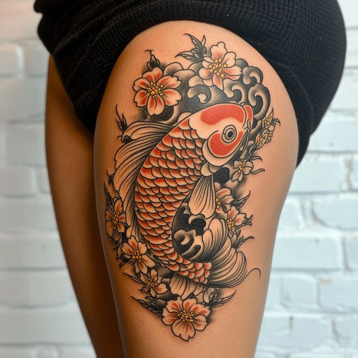 Back of thigh tattoo with a koi fish swimming upstream