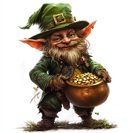 Leprechaun with pot of gold, white background, clipart style