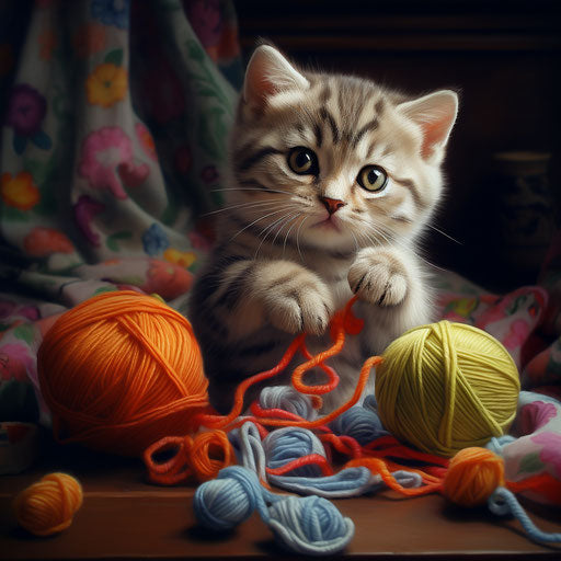 American shorthair cat playing with yarn