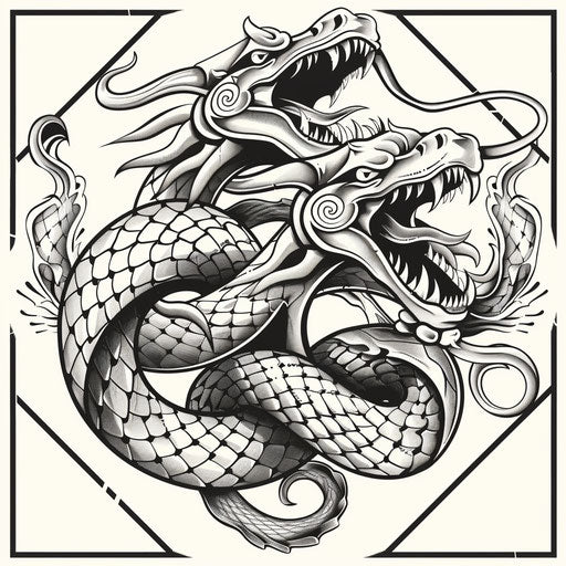 Monochrome clipart-style flat tattoo sketch for a Sak Yant tattoo depicting mythical intertwined serpents