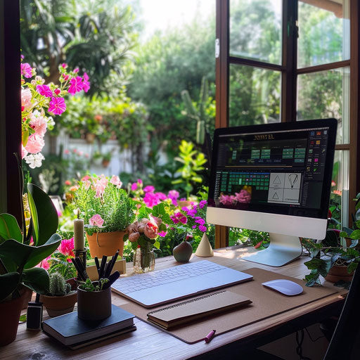 Tidy workspace with computer and view of blooming garden