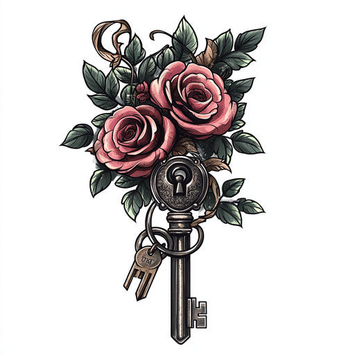 Beautiful clipart style flat tattoo sketch mafia tattoo with an antique key and lock on pure white background