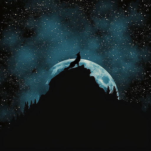 Coyote howling at the moon from a craggy mountain peak under a starry sky