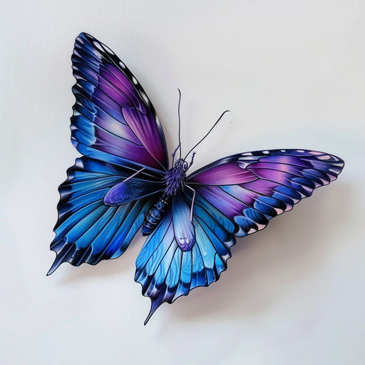 Blue and purple 3D butterfly on white canvas