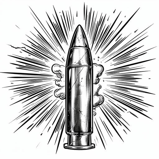 Flat tattoo sketch of a bullet in a classic comic book style with action words