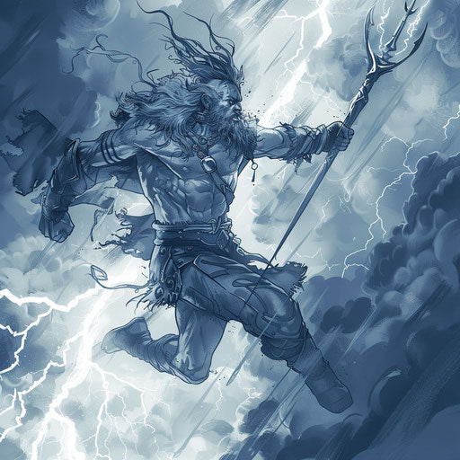 Energetic tattoo sketch of Baldur mid-leap with spear, stormy skies backdrop, dynamic clipart style