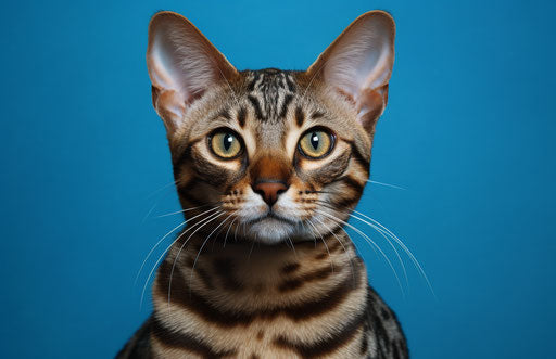 Bengal cat with large silver eyes on blue background