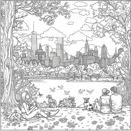 City park in spring with people and pets. Coloring book page
