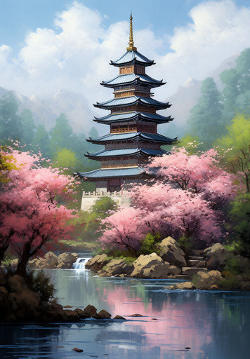 The pagoda by the water surrounded by pink flowers, realistic yet stylized Asian-inspired contrast