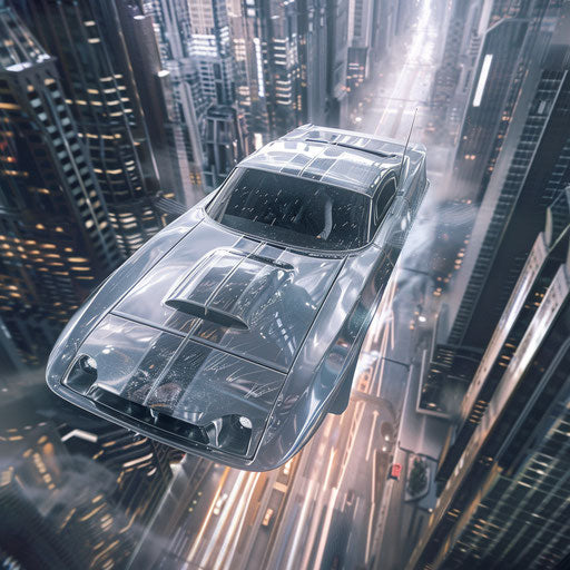 Flying Shelby Daytona with jet engines and retractable wings soaring above a futuristic cityscape