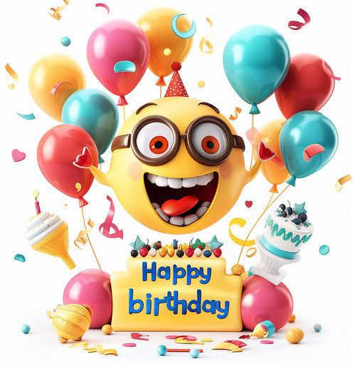 Happy birthday with balloons and cake