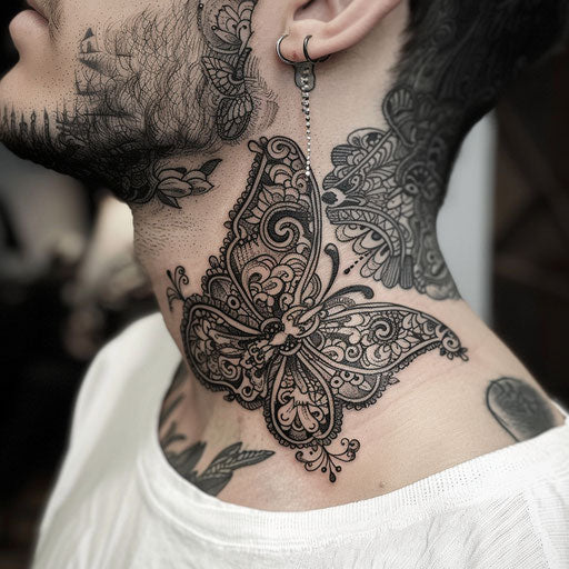 Butterfly neck tattoo with intricate details