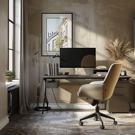 Stylish home office with large desk and ergonomic accessories