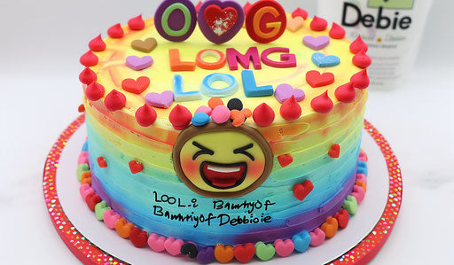 Rainbow cake with OMG and LOL smileys & hearts
