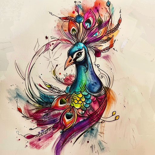 Elegant tattoo sketch of a peacock with colorful feathers